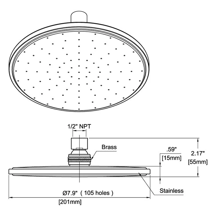 stainless steel rainfall shower head size